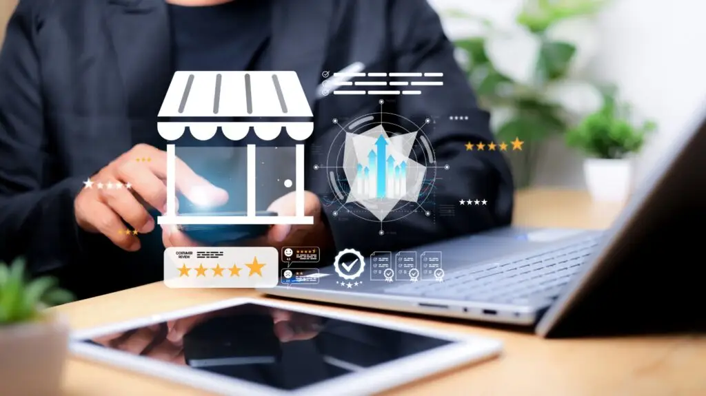 Tablet and laptop setup with store graphic and review ratings showcasing local traffic and reputation management.
