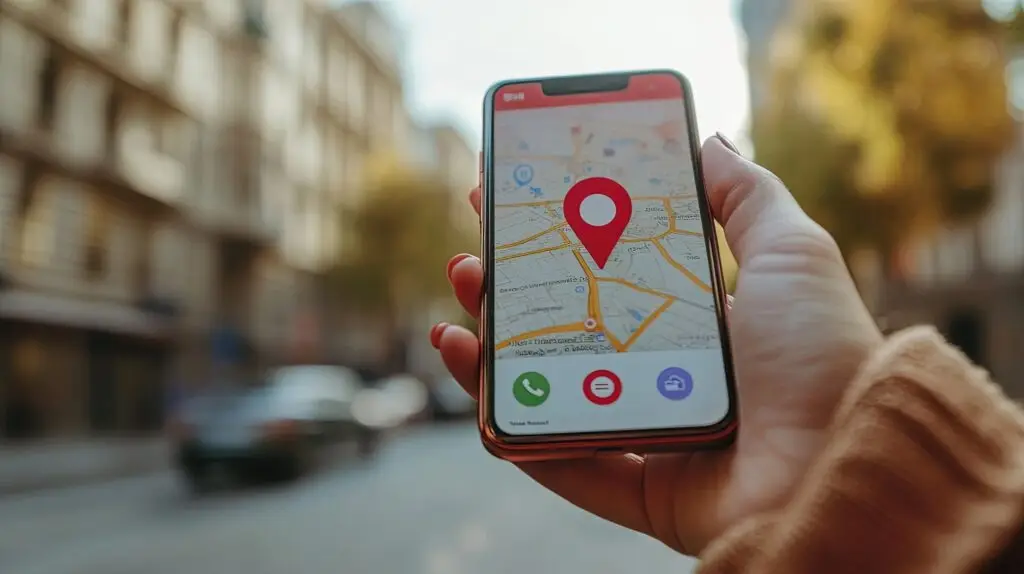 Person holding smartphone with a map and location pin, symbolizing mobile local search.